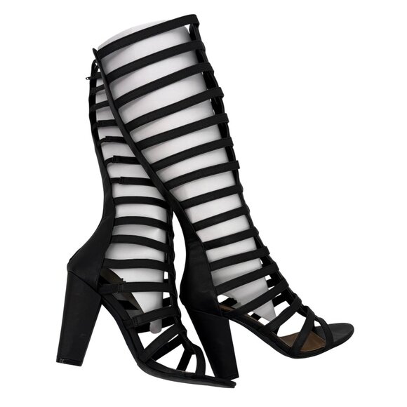 NIB ShoeDazzle Black Vegan Leather Back Zipper Strappy Gladiator Heeled Sandals - Picture 2 of 16